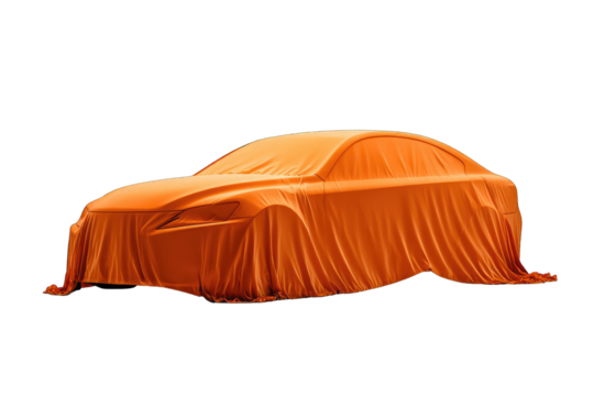 An orange cloth draped over a new car, concealing its design and features, creating anticipation and mystery