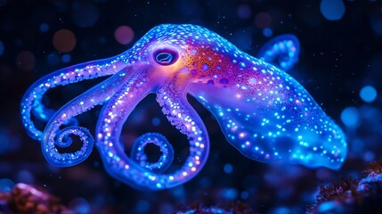 Bioluminescent squid drifting in the pitch black ocean pulsating with neon blue and purple hues surreal underwater beauty