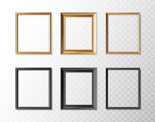 3d realistic vector icon illustration. Picture frames in gold and black color, wide and slim. Isolated on transparent background.