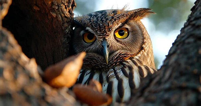 Close-up view of a brown and white owl with bright yellow eyes, perched in a tree hollow. Sunlight illuminates the owl's feathers and eyes