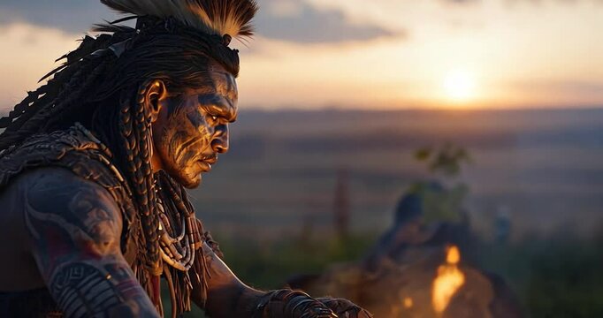 Contemplative man with intricate tattoos and headdress sits by a fire at sunset, showcasing a dramatic warm light against a vast landscape