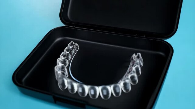 Clear plastic dental aligner positioned inside black retainer case on bright blue background showing teeth straightening treatment.