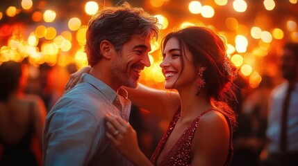 A joyful couple dancing closely together at a warmly lit party with sparkling bokeh lights in the background, sharing a moment of happiness and connection