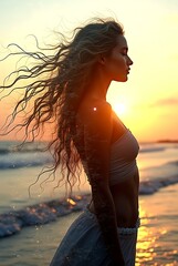 Double exposure of a woman's profile with a sunset ocean scene, birds flying, and serene coastal landscape