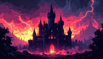 レトロゲーム風の自然なピクセルアート背景（灼熱の魔王城） Generative AI