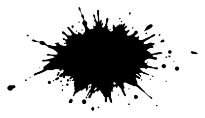 A striking black ink splatter with irregular edges and varying densities, ideal for a grunge or artistic effect.