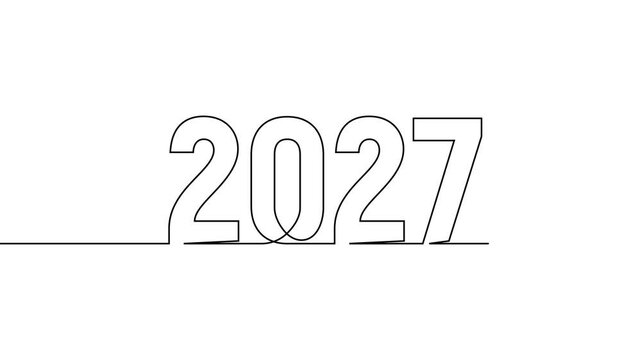 2027 new year continuous line art clip self drawing animation on white black background. single one line art written outline sketch illustration 2027 year numbers video
