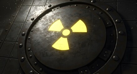 A weathered metal hatch with a glowing yellow radiation symbol in the center, secured by rivets.