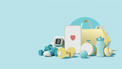 Aesthetic fitness equipment including dumbbells phone water bottle and bag on a pastel blue background