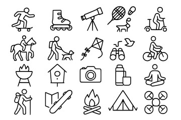 Fototapeta premium Outdoor Activities and Recreation Line Icons Set. Outdoor, activity, recreation, leisure, sport, hobby, fun, adventure, travel, nature, park, skateboard, rollerblades, telescope, astronomy, badminton,