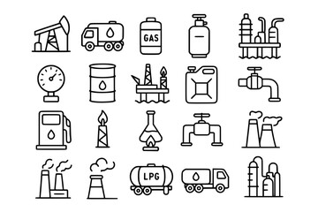 Petrochemical Industry Line Icons Set. Petrochemical, oil, gas, industry, energy, fuel, refinery, drilling, pumpjack, oil rig, gas cylinder, gasoline, diesel, barrel, drum, jerrycan, canister, valve, 