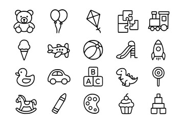 Toy and Children's Play Line Icons Set. Toy, play, children, kids, childhood, fun, entertainment, teddy bear, stuffed animal, balloons, kite, puzzle, jigsaw, train, locomotive, ice cream, cone, airpla
