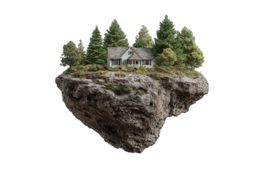A quaint house sits atop a floating rock island amidst a cluster of evergreen trees, isolated against a black background, creating a surreal and peaceful scene