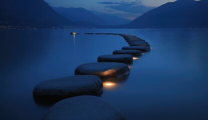 Dark stones path on a still lake at twilight. Mountains in background