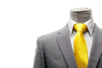 A gray suit jacket and crisp white shirt, accented by a vibrant yellow tie, are draped over a headless mannequin against a stark black background. 