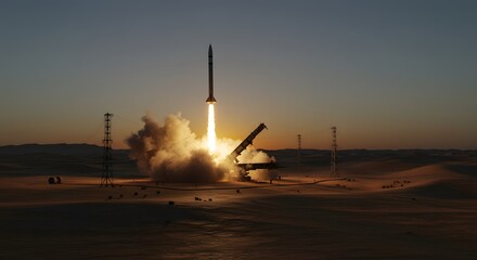 Dramatic rocket launch in desert setting at dawn, soaring with fiery plume, power & determination.