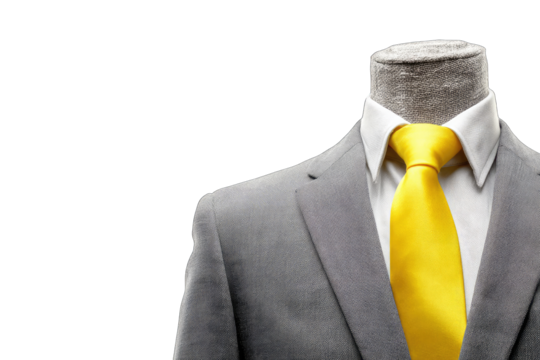A gray suit jacket and crisp white shirt, accented by a vibrant yellow tie, are draped over a headless mannequin against a stark black background. 