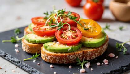 Fresh vegetable toast with avocado and tomatoes on a slate board  