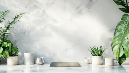 Modern, minimalist workspace with marble countertop and greenery