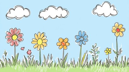 Colorful hand-drawn flowers and grass against a blue sky with clouds.