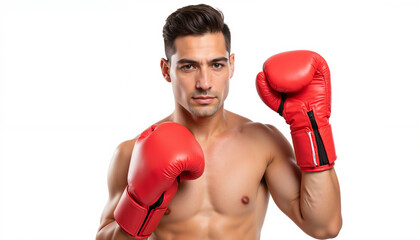 Athletic man posing with red boxing gloves and confident expression