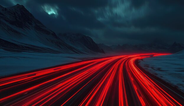 Red light trails on a snowy mountain highway at night