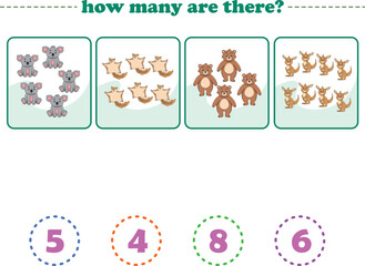 Counting game of wild animals for preschool kids. Printable. Vector Illustration