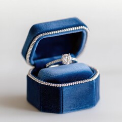 Elegant sapphire blue velvet ring box holds a diamond ring