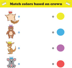 Match the color of the animal's crown. Educational game for color recognition