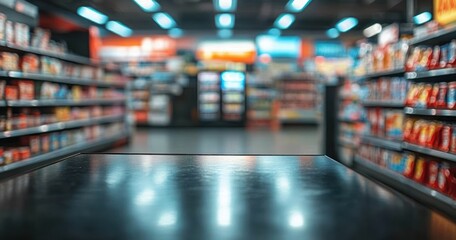 Empty black countertop with blurred aisles filled with various packaged goods and snacks in a brightly lit store interior