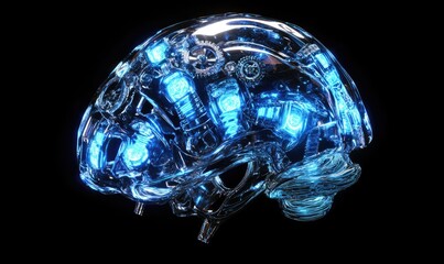 Transparent robotic brain model with internal glowing blue mechanisms