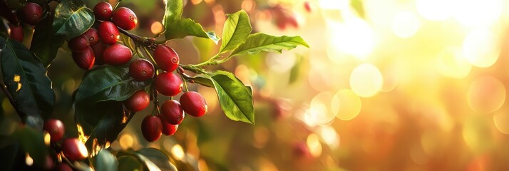 Coffee berries ripen on a branch in the sun