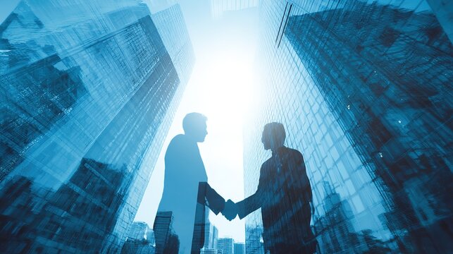 Successful Business Partnership Handshake Against Modern City Skyline Background, Two businesspeople shake hands in a city setting symbolizing partnership, deal-making, and urban success - Powered by Adobe