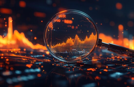 Magnifying glass focuses on glowing stock market graph over fiery background - Powered by Adobe