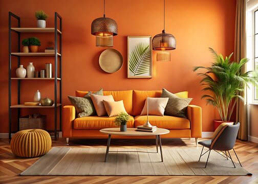 Stylish orange interior of living room with design sofa, decorations and home accessories