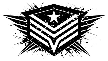 A military-inspired insignia features a star and chevrons, surrounded by wings and splatter effects, suggesting achievement, power, and a gritty aesthetic.