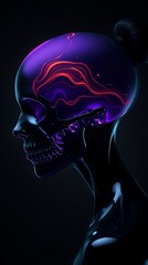 Cybernetic bust Glowing skull in purple depths