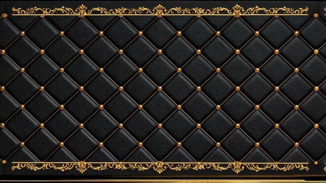 Elegant quilted black leather background with golden seams and decorative floral border offering sophisticated style for graphic design projects.