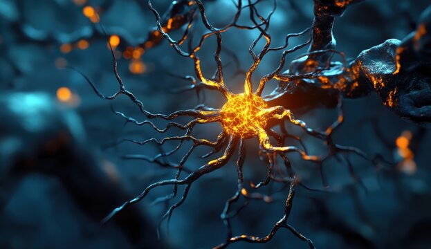 Detailed neuron with branching extensions, glowing center - Powered by Adobe