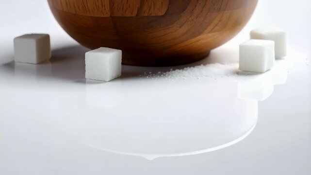 White sugar cubes overflowing in a natural wooden bowl on a glossy white surface with scattered crystals of granulated sugar