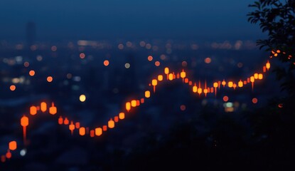 Night cityscape blurred background, highlighted stock chart upward trend