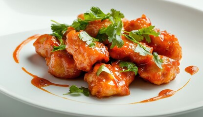 Crispy, orange-glazed chicken pieces, garnished with fresh cilantro, on a white plate