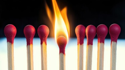 A row of nine matches with red tips closely aligned, the middle match ignited with a bright orange flame, creating a strong contrast against a dark and light background