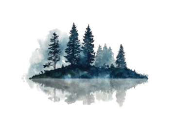 A watercolor-style depiction of a tranquil island scene, featuring a cluster of evergreen trees reflected in calm water, enveloped in a misty, ethereal atmosphere.  