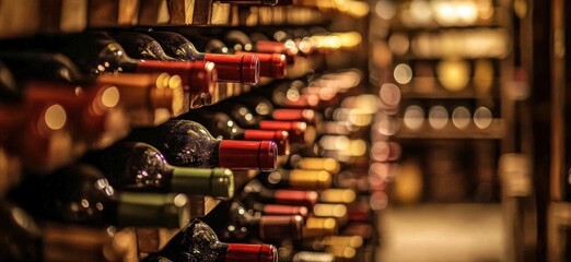 Wooden wine racks holding stacked bottles in a cellar for storing and Resting