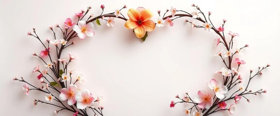 Fototapeta premium Elegant heart-shaped floral wreaths with blooming flowers and delicate branches, perfect for wedding or birthday invitations, vector art, hearts