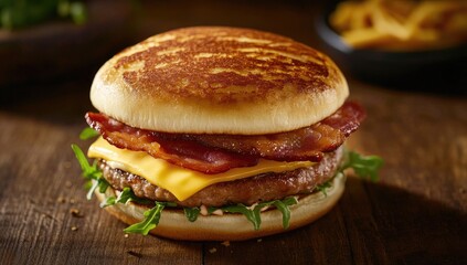 Close-up of a bacon cheeseburger on a wooden table (1)