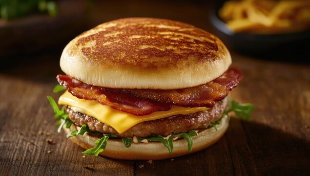 Close-up of a bacon cheeseburger on a wooden table (1) - Powered by Adobe