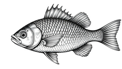 Fototapeta premium Exquisitely detailed monochrome engraving of a fish showcasing its scales fins and body structure ideal for seafood menus or marine biology publications, transparent background