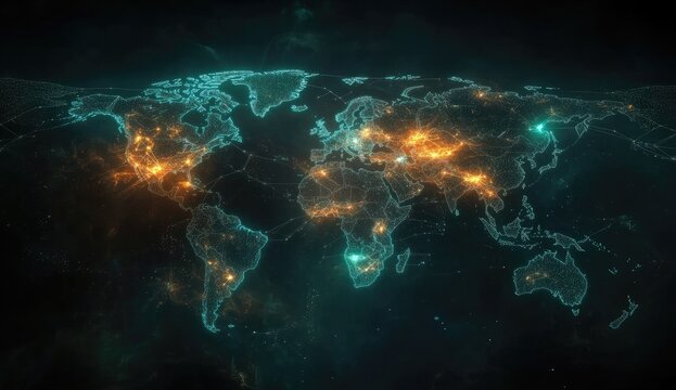 Global network map, glowing points, teal and orange